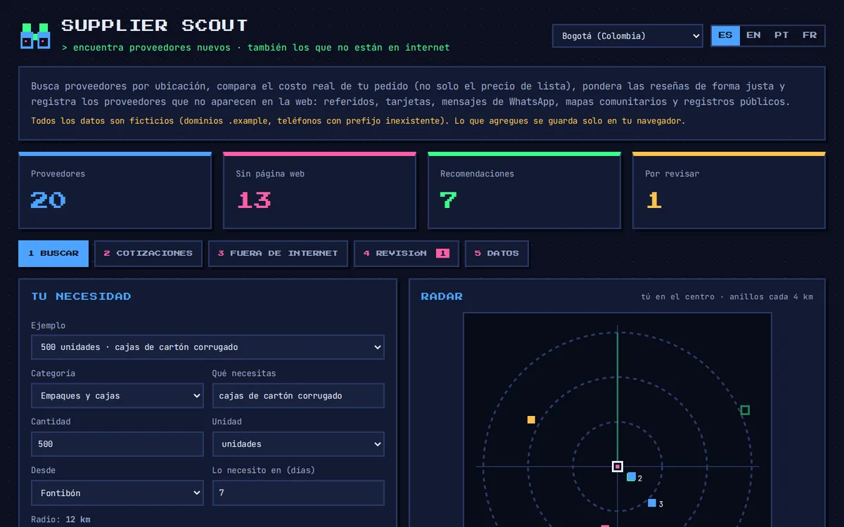 Demo de Supplier Scout: indicadores de proveedores, formulario de búsqueda y un radar en pixel art con los proveedores alrededor del comprador